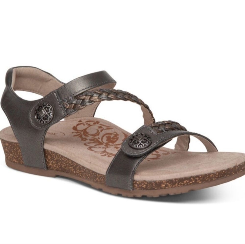 Aetrex Jillian Braided Quarter Strap Sandals. Gunmetal Size 7.5 Pewter Metallic